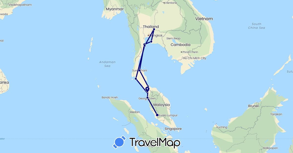 TravelMap itinerary: driving in Malaysia, Thailand (Asia)
